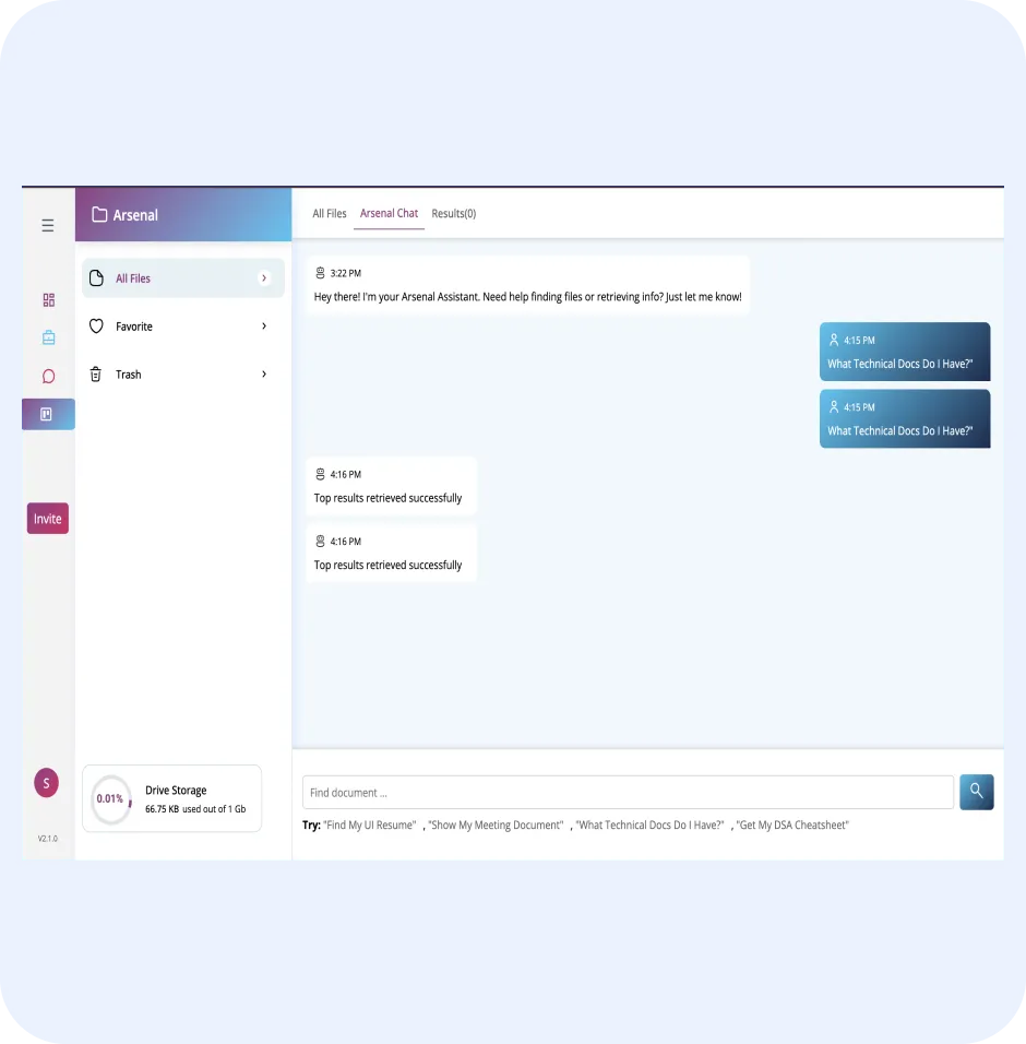Arsenal AI document management interface displaying chat interactions and file retrieval success messages, illustrating features for secure file storage and AI-powered document insights.